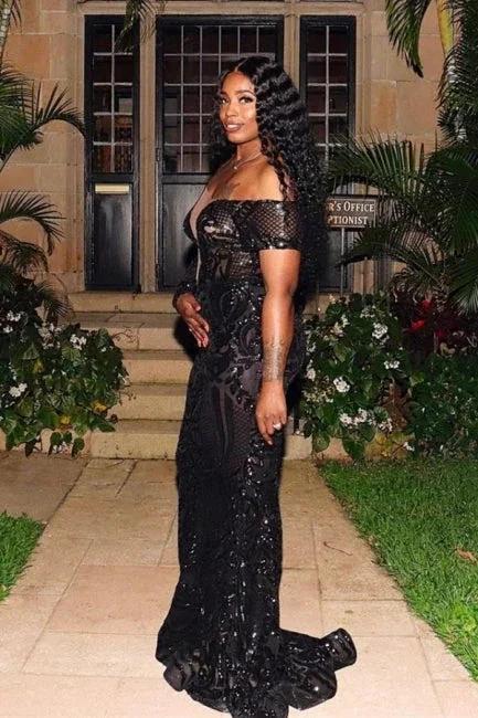 Gorgeous Black One Shoulder Long Sleeve Lace Mermaid Prom Dress by misshow.com
