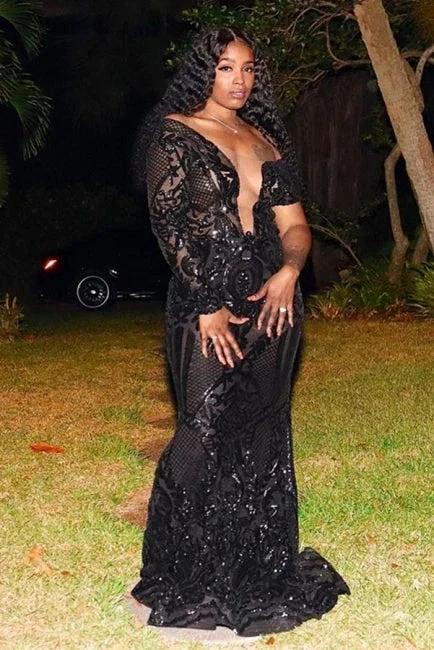 Gorgeous Black One Shoulder Long Sleeve Lace Mermaid Prom Dress by misshow.com