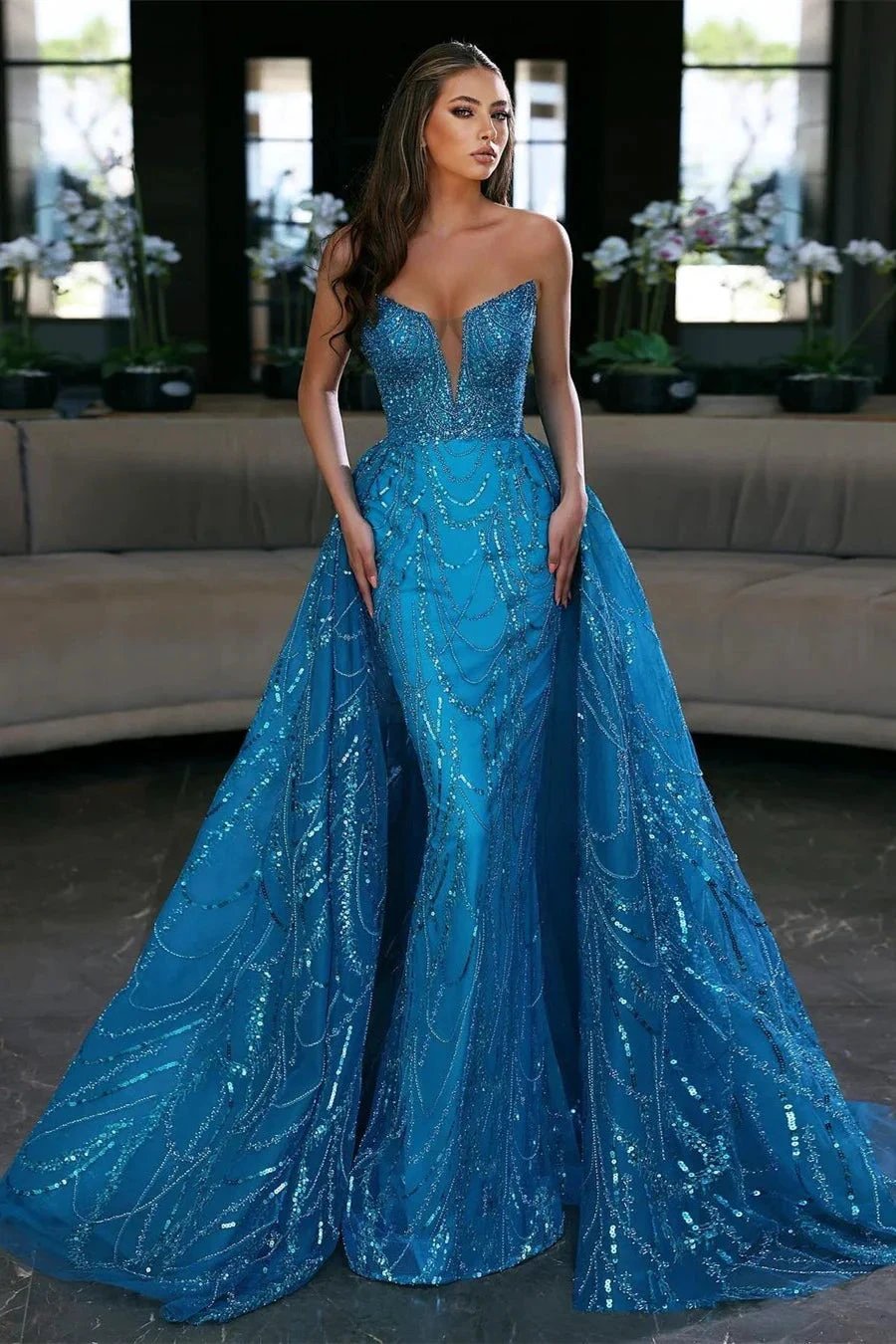 Gorgeous Blue Long Mermaid Sleeveless Prom Dress With Detachable Train by misshow.com