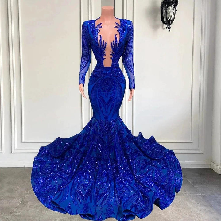 Gorgeous Blue V-neck Sequins Long Sleeve Floor-length Mermaid Prom Dresses by misshow.com