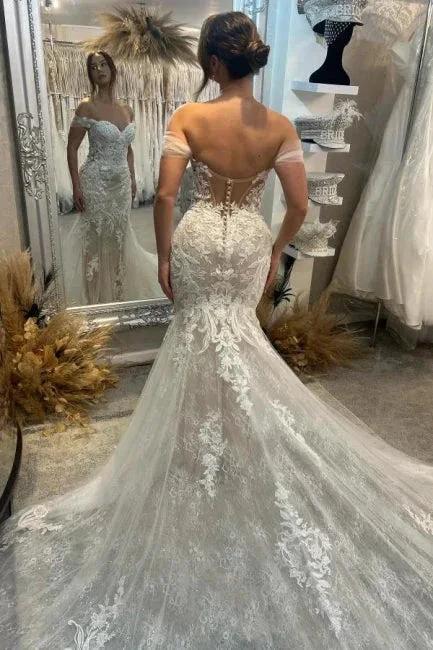 Gorgeous Column Lace Off-The-Shoulder Sleeveless White Wedding Dresses With Appliques Train by misshow.com