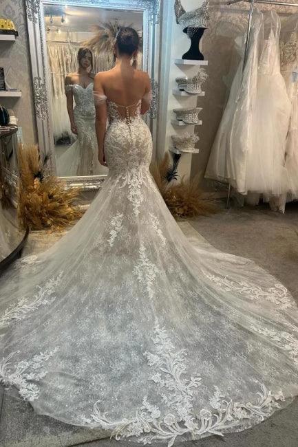 Gorgeous Column Lace Off-The-Shoulder Sleeveless White Wedding Dresses With Appliques Train by misshow.com