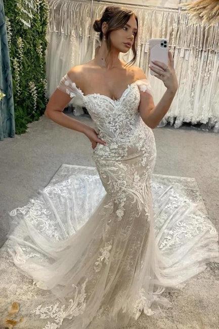 Gorgeous Column Lace Off-The-Shoulder Sleeveless White Wedding Dresses With Appliques Train by misshow.com