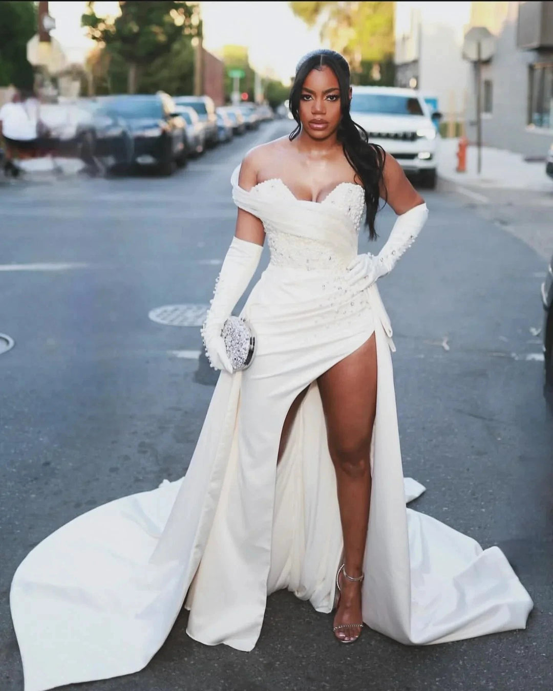 Gorgeous Column Satin One Shoulder Sleeveless White Wedding Dress With Beading Split Train by misshow.com