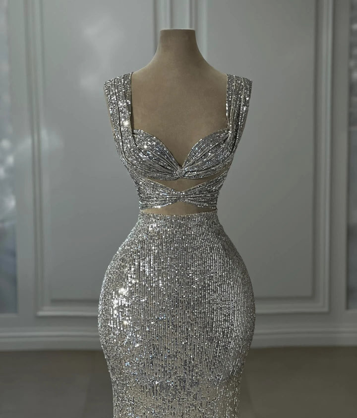 Gorgeous Column Sequined Off-The-Shoulder Sleeveless Silver Prom Dress With Sequined by misshow.com