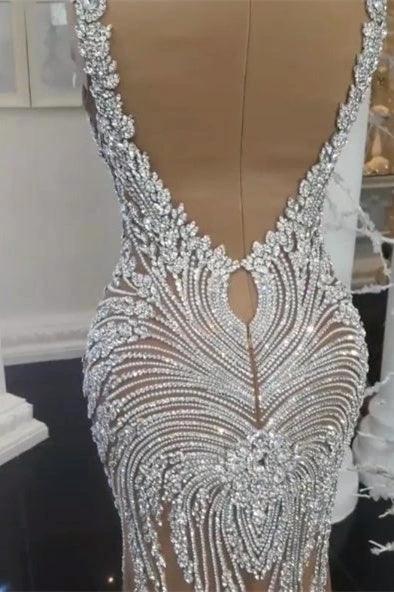 Gorgeous Crystals Mermaid Wedding Dress V-Neck Backless Champagne Bridal Wears by misshow.com