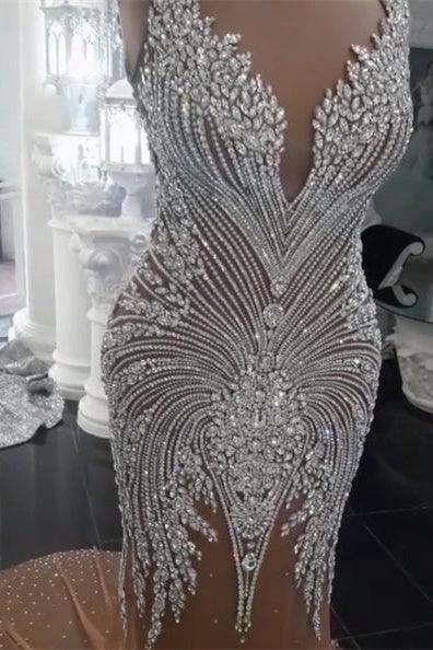 Gorgeous Crystals Mermaid Wedding Dress V-Neck Backless Champagne Bridal Wears by misshow.com