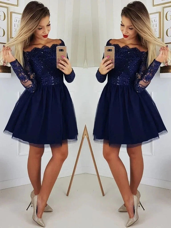 Gorgeous Dark Blue Sequins Short Prom Dresses with Sleeves by BIZTUNNEL