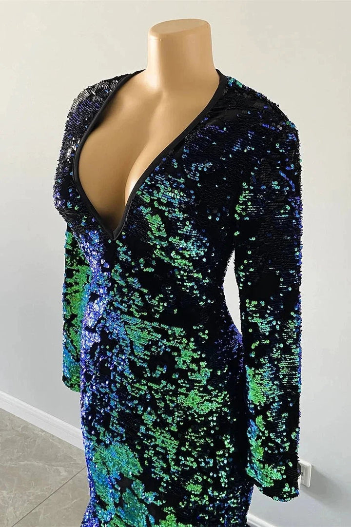 Gorgeous Dark Green V-neck Long Sleeve Floor-length Mermaid Prom Dresses by misshow.com