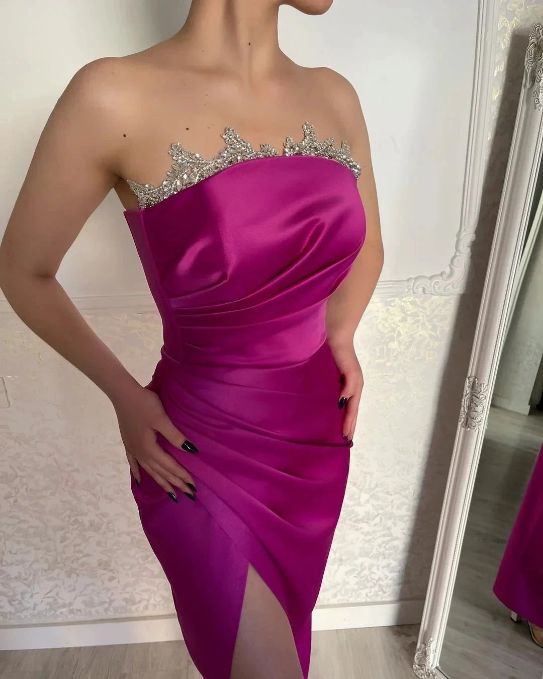 Gorgeous Fuchsia Strapless Crystal Prom Dress With Slit by misshow.com
