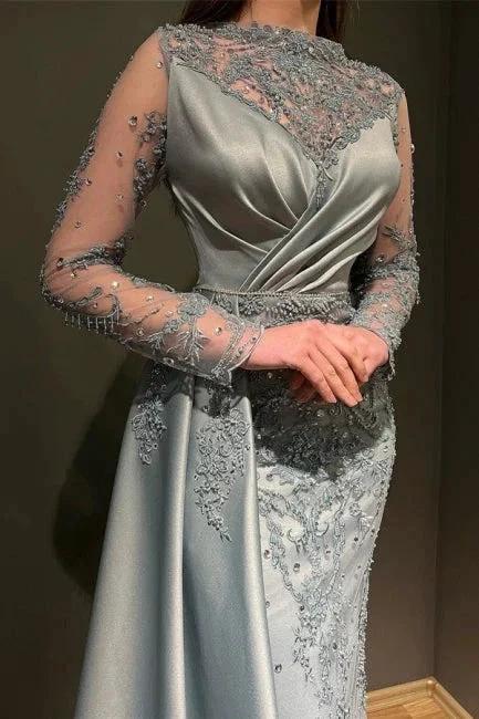 Gorgeous Grey Long Sleeves Jewel Mermaid Stretch Satin Prom Dress with Appliques by misshow.com