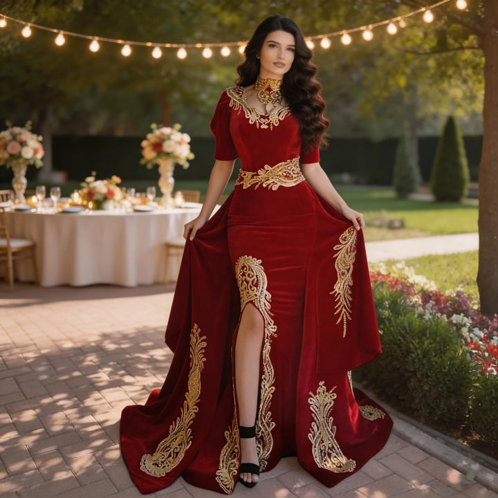 Gorgeous Halter Red Velvet Mermaid Evening Gown with Gold Appliques Half Sleeves