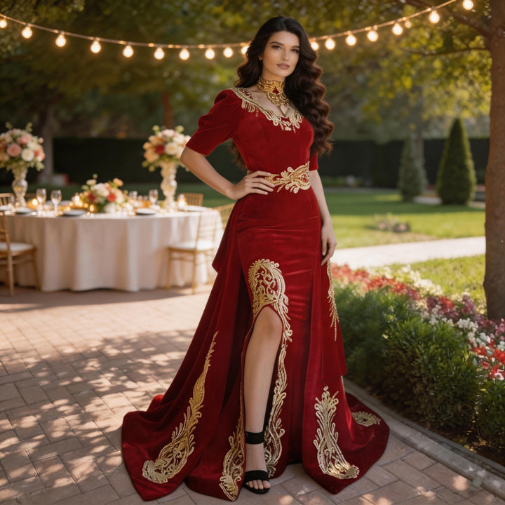 Gorgeous Halter Red Velvet Mermaid Evening Gown with Gold Appliques Half Sleeves