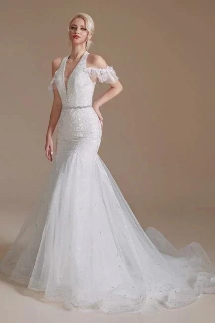 Gorgeous Halter Sleeveless Mermaid Floor-Length Tulle Wedding Dresses with Applique by misshow.com