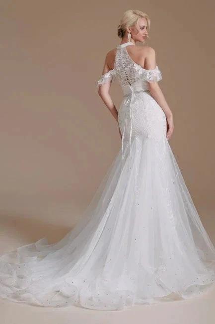 Gorgeous Halter Sleeveless Mermaid Floor-Length Tulle Wedding Dresses with Applique by misshow.com