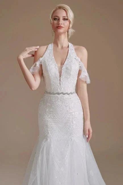 Gorgeous Halter Sleeveless Mermaid Floor-Length Tulle Wedding Dresses with Applique by misshow.com