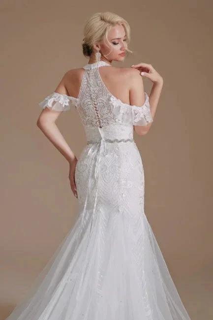 Gorgeous Halter Sleeveless Mermaid Floor-Length Tulle Wedding Dresses with Applique by misshow.com