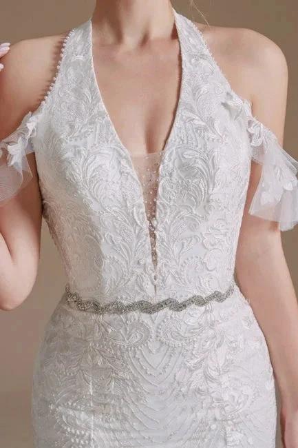 Gorgeous Halter Sleeveless Mermaid Floor-Length Tulle Wedding Dresses with Applique by misshow.com