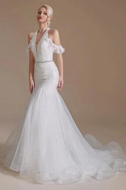Gorgeous Halter Sleeveless Mermaid Floor-Length Tulle Wedding Dresses with Applique by misshow.com