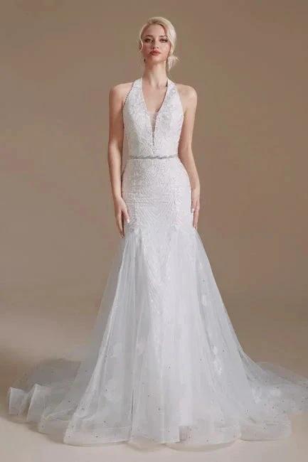Gorgeous Halter Sleeveless Mermaid Floor-Length Tulle Wedding Dresses with Applique by misshow.com