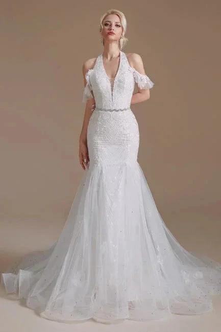 Gorgeous Halter Sleeveless Mermaid Floor-Length Tulle Wedding Dresses with Applique by misshow.com
