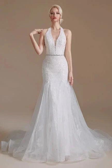 Gorgeous Halter Sleeveless Mermaid Floor-Length Tulle Wedding Dresses with Applique by misshow.com