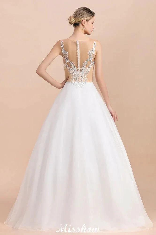 Gorgeous Illusion Neck Button Sleeveless White Ball Gown Wedding Dress by misshow.com