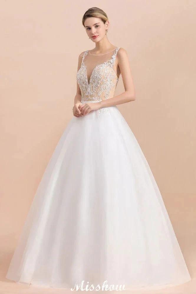 Gorgeous Illusion Neck Button Sleeveless White Ball Gown Wedding Dress by misshow.com