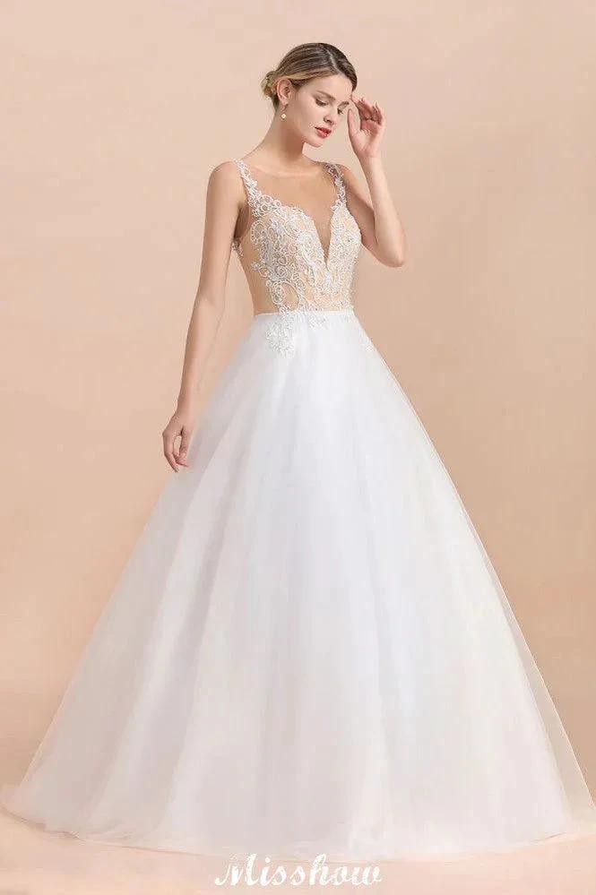 Gorgeous Illusion Neck Button Sleeveless White Ball Gown Wedding Dress by misshow.com