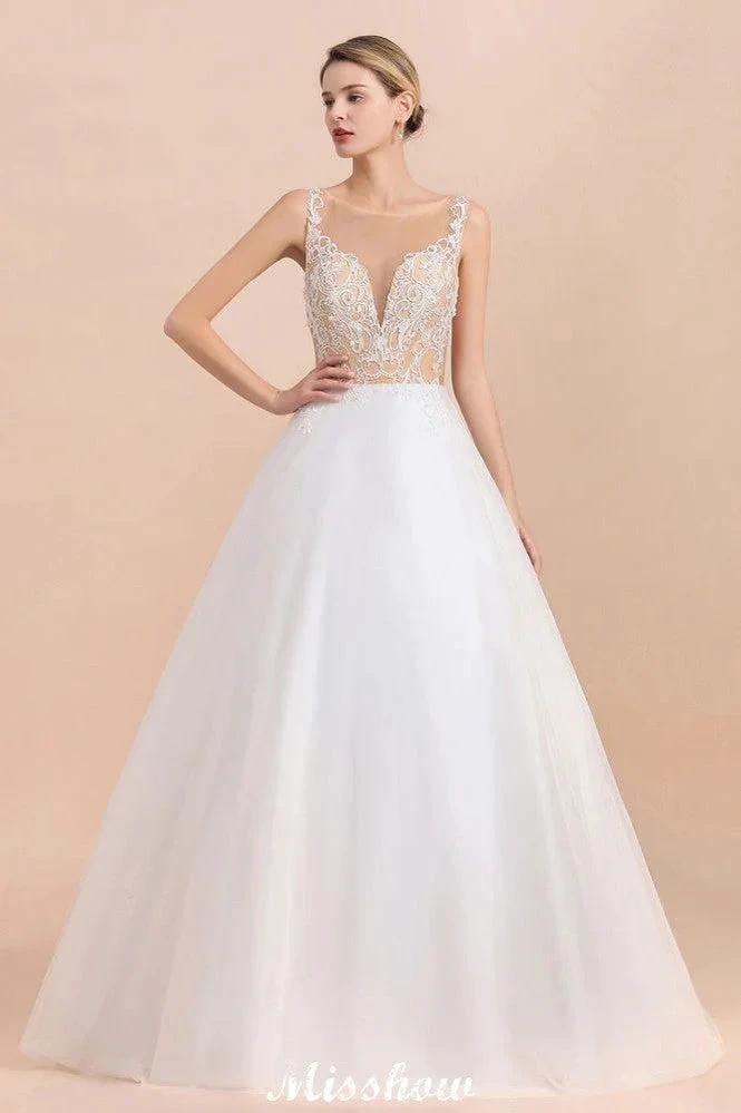 Gorgeous Illusion Neck Button Sleeveless White Ball Gown Wedding Dress by misshow.com