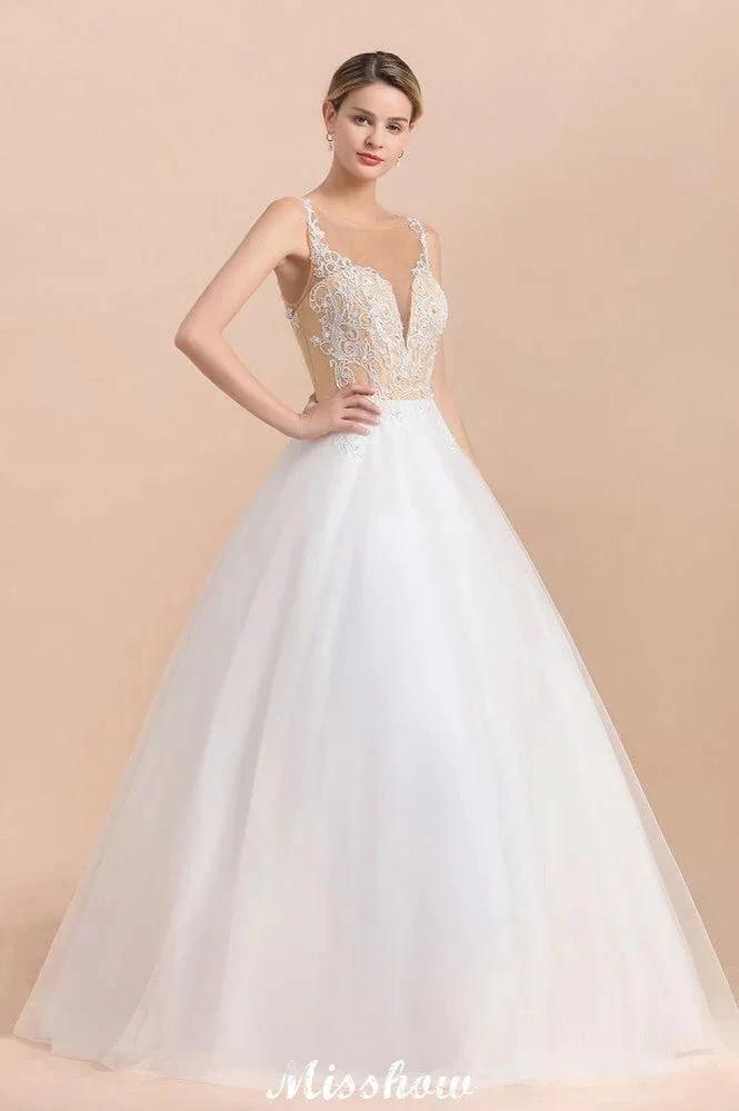 Gorgeous Illusion Neck Button Sleeveless White Ball Gown Wedding Dress by misshow.com