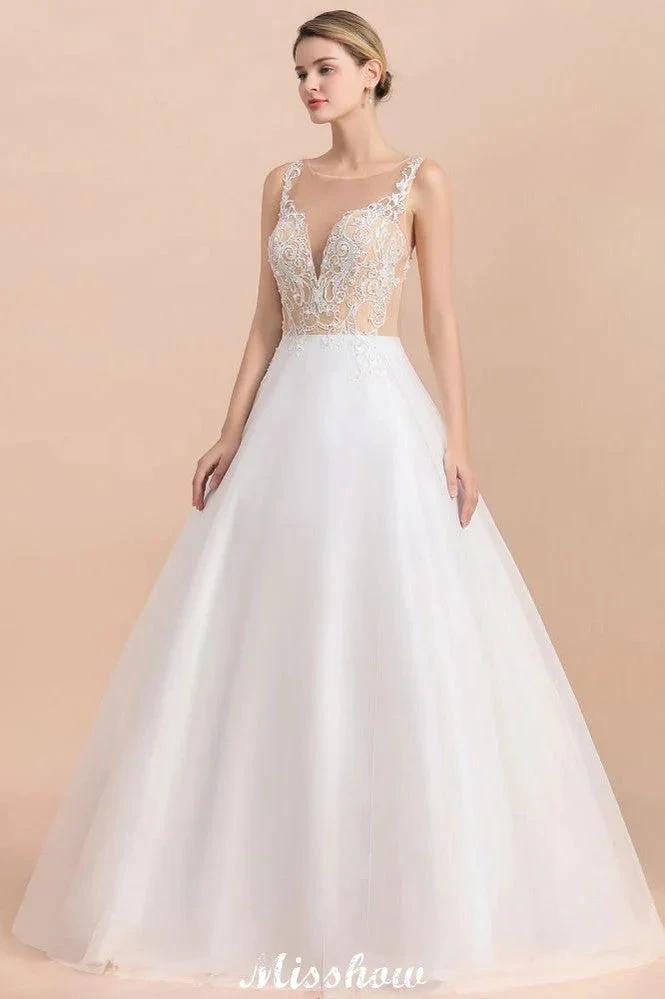 Gorgeous Illusion Neck Button Sleeveless White Ball Gown Wedding Dress by misshow.com