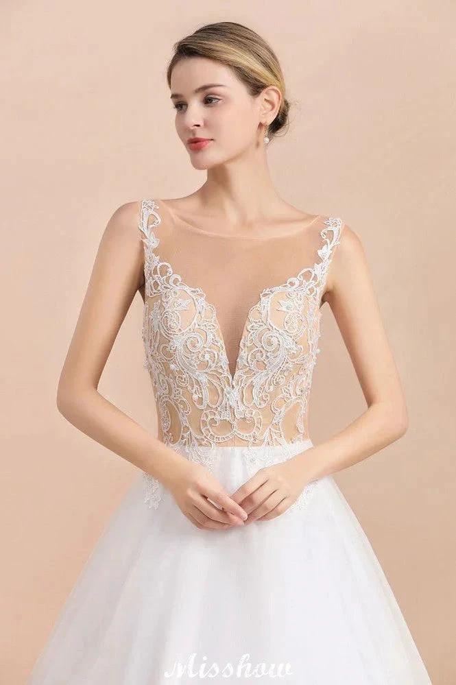 Gorgeous Illusion Neck Button Sleeveless White Ball Gown Wedding Dress by misshow.com