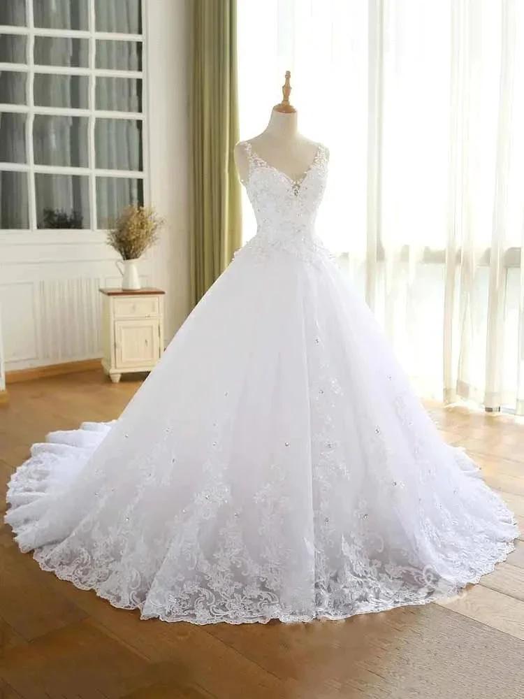 Gorgeous Lace Beaded Wedding Dress New Arrival V-Neck Straps Long Princess Wedding Party Bridal Dress by misshow.com