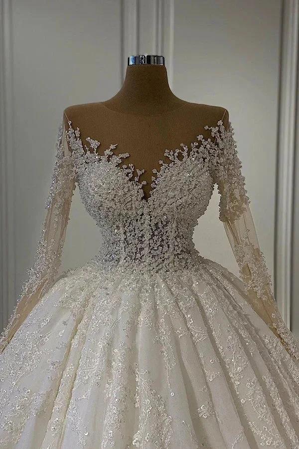 Gorgeous Lace Long Sleeve Beads Ball Gown Wedding Dress by misshow.com