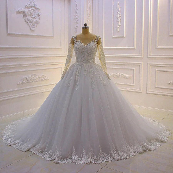 Gorgeous Long A-Line Bateau Pearl Tulle Appliques Lace Wedding Dress with Sleeves by BIZTUNNEL
