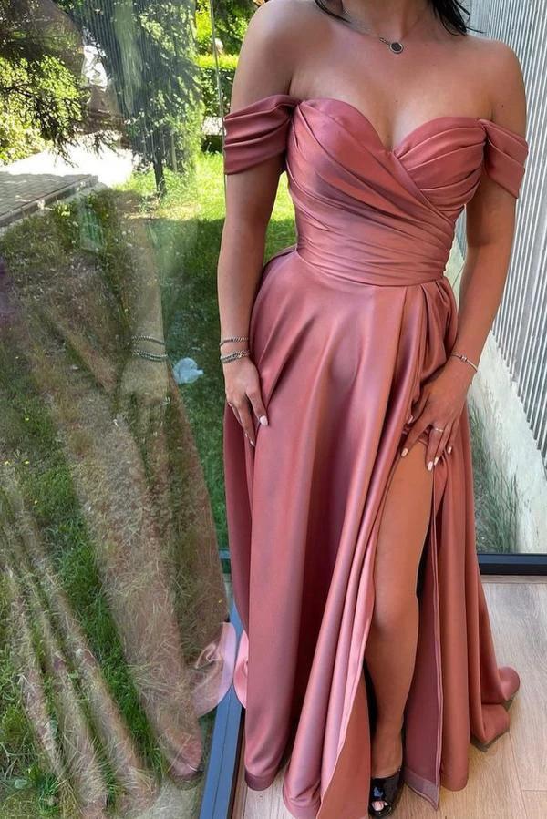 Gorgeous Long A-line Off the Shoulder Ruched Satin Prom Dress with Slit by BIZTUNNEL