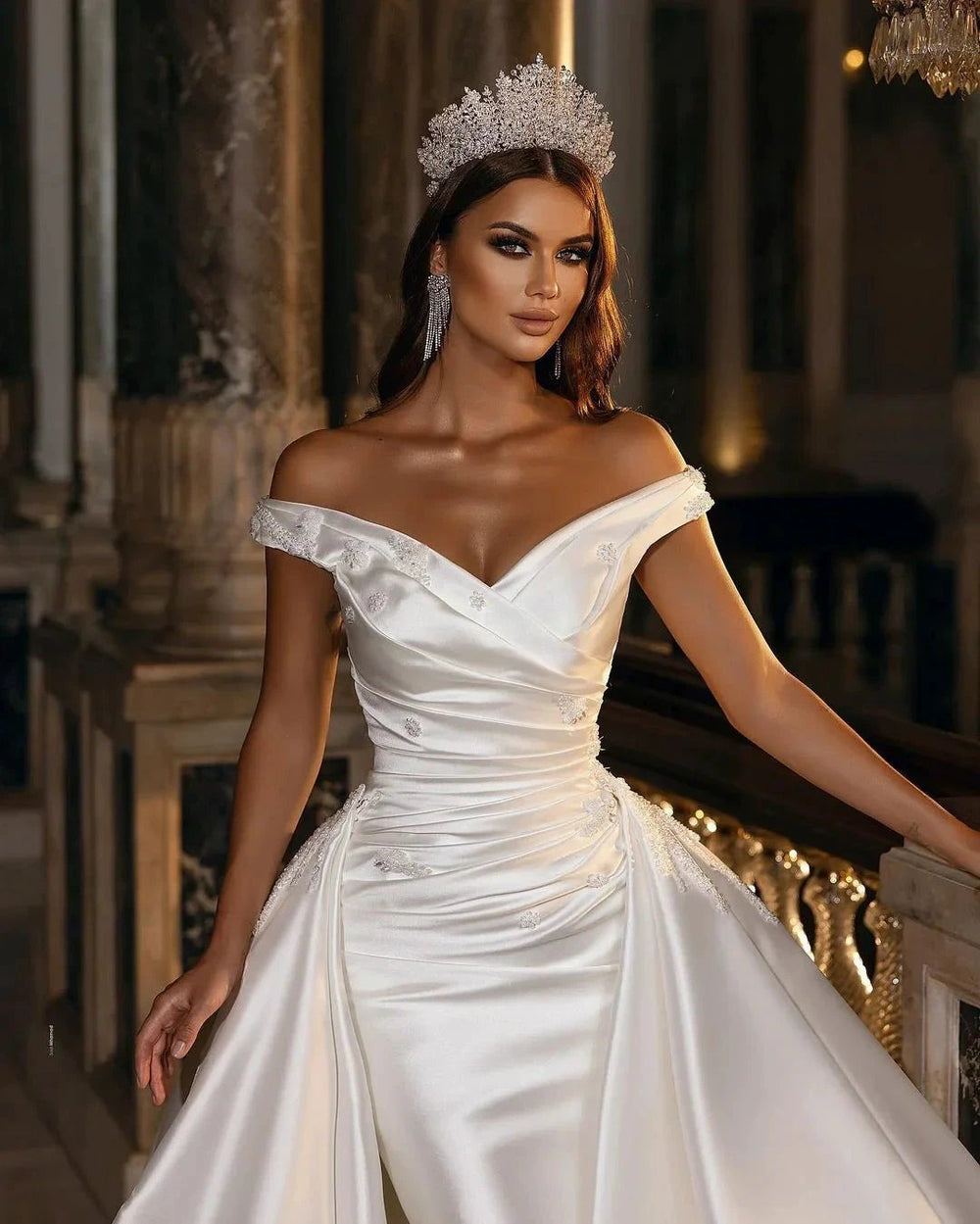 Gorgeous Long A-Line Off-the-shoulder Sweetheart Backless Satin Wedding Dress by BIZTUNNEL