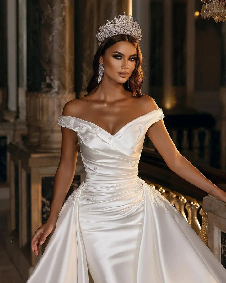 Gorgeous Long A-Line Off-the-shoulder Sweetheart Backless Satin Wedding Dress by BIZTUNNEL