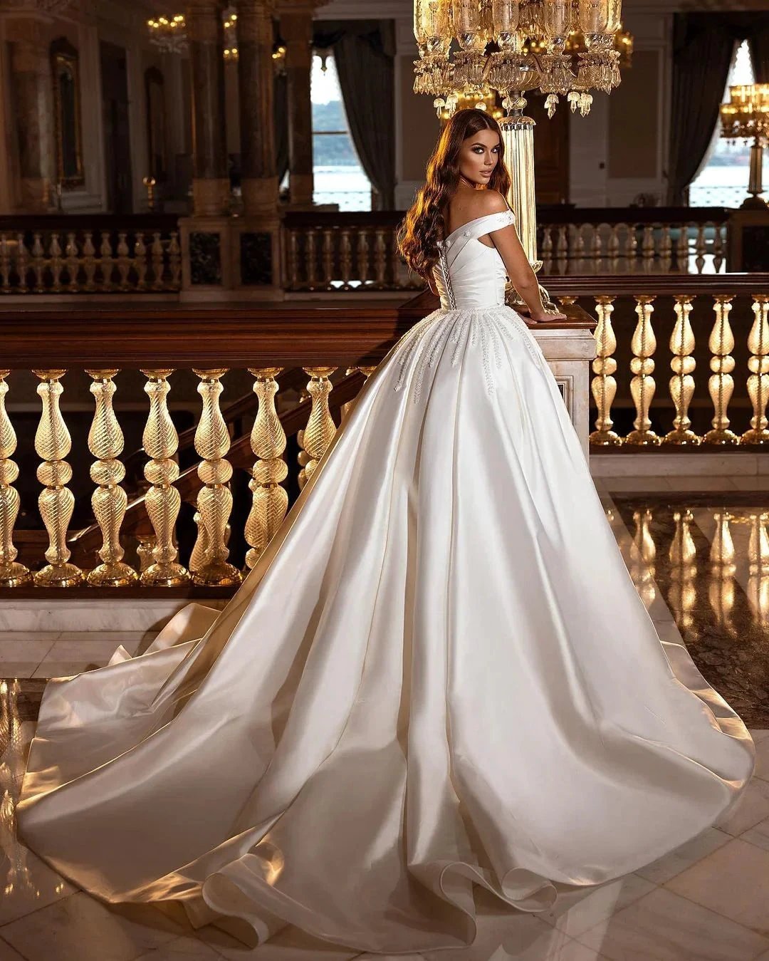 Gorgeous Long A-Line Off-the-shoulder Sweetheart Backless Satin Wedding Dress by BIZTUNNEL