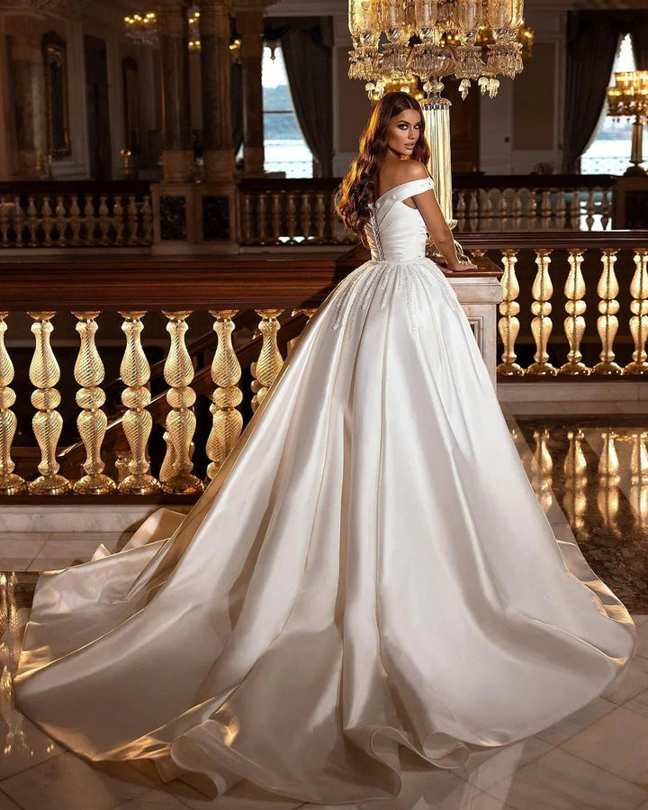 Gorgeous Long A-Line Off-the-shoulder Sweetheart Backless Satin Wedding Dress by BIZTUNNEL