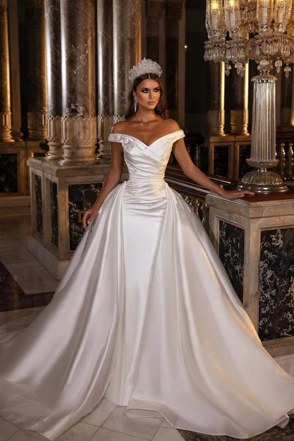 Gorgeous Long A-Line Off-the-shoulder Sweetheart Backless Satin Wedding Dress by BIZTUNNEL