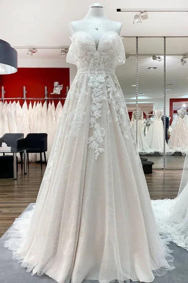 Gorgeous Long A-line Off-the-shoulder Tulle Lace Appliques Wedding Dress by BIZTUNNEL