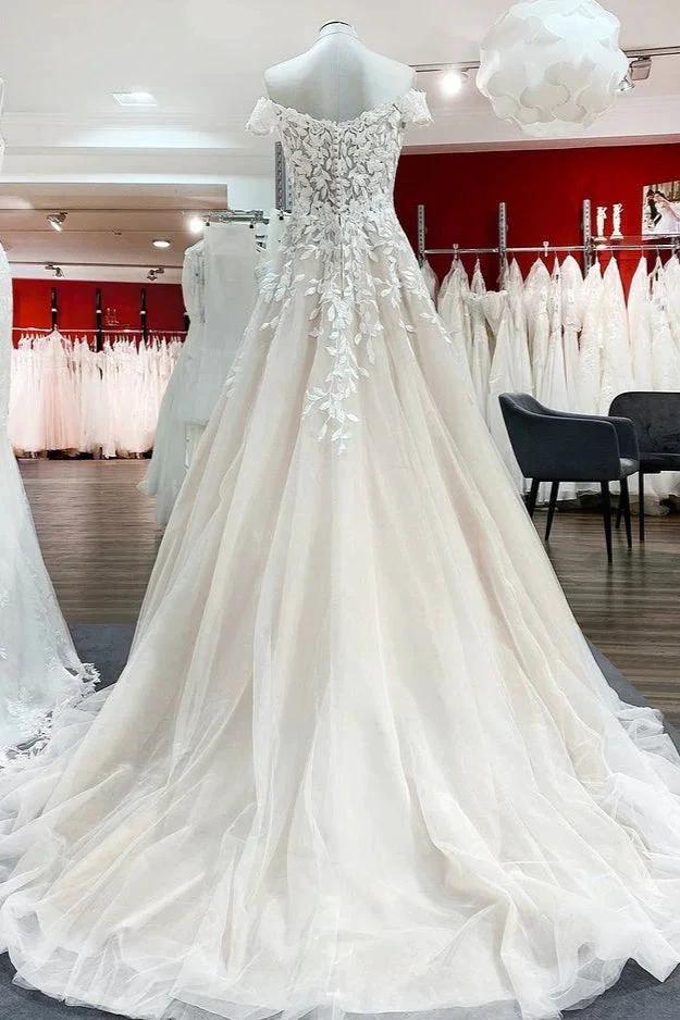 Gorgeous Long A-line Off-the-shoulder Tulle Lace Ruffles Wedding Dress by BIZTUNNEL