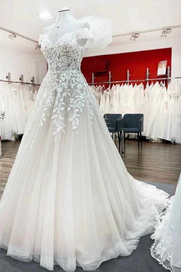 Gorgeous Long A-line Off-the-shoulder Tulle Lace Ruffles Wedding Dress by BIZTUNNEL