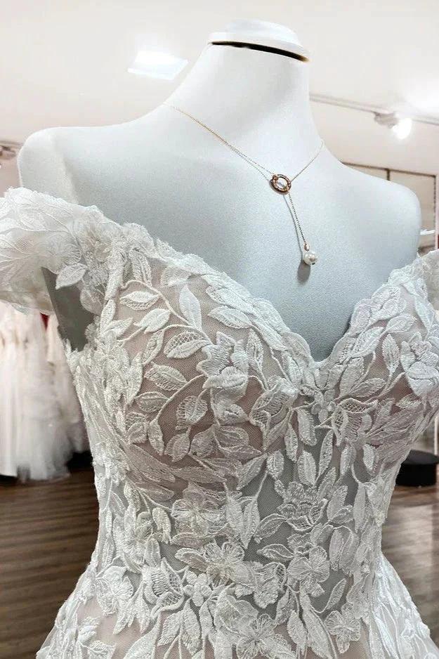 Gorgeous Long A-line Off-the-shoulder Tulle Lace Ruffles Wedding Dress by BIZTUNNEL