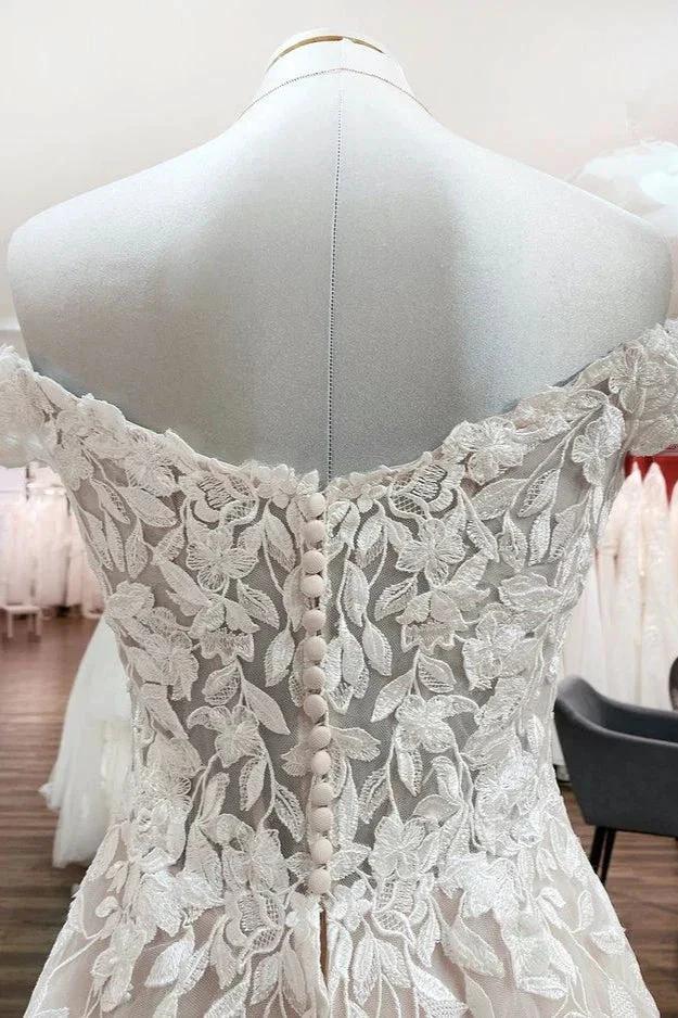Gorgeous Long A-line Off-the-shoulder Tulle Lace Ruffles Wedding Dress by BIZTUNNEL