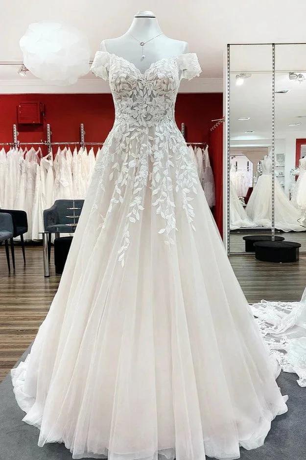 Gorgeous Long A-line Off-the-shoulder Tulle Lace Ruffles Wedding Dress by BIZTUNNEL
