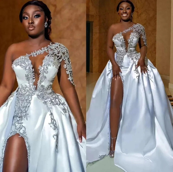 Gorgeous Long A-line One Shoulder Beading Wedding Dress With Slit by misshow.com