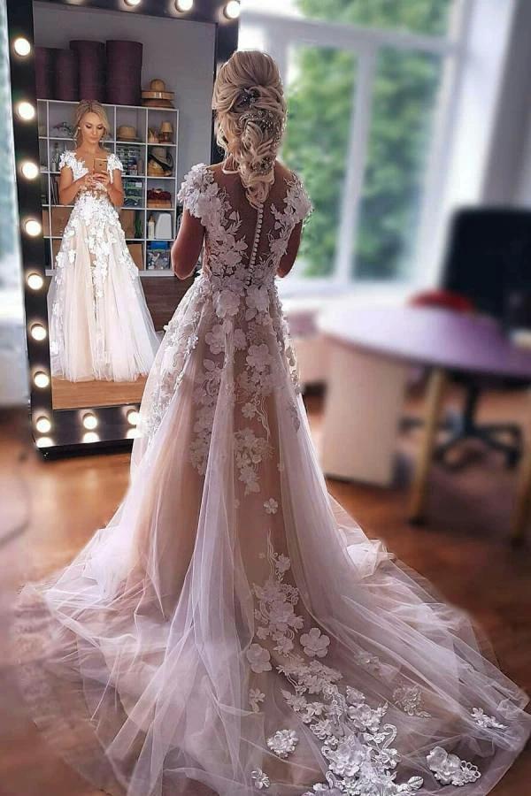 Gorgeous Long A-line Sleeveless Tulle Wedding Dress with Lace by BIZTUNNEL